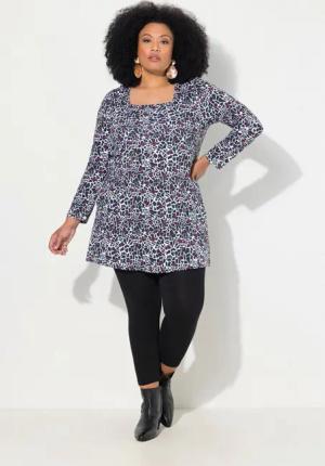 Ulla Popken Longshirt Longshirt gemustert A-Linie Carree-Ausschnitt