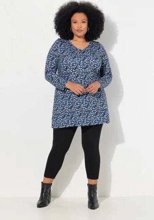 Ulla Popken Longshirt Longshirt gemustert A-Linie V-Ausschnitt Langarm