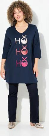Ulla Popken Longshirt Longshirt Ho Ho Ho A-Linie V-Ausschnitt 3/4-Arm