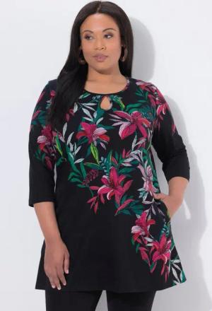 Ulla Popken Longshirt Longshirt Keyhole A-Linie Rundhals 3/4-Arm