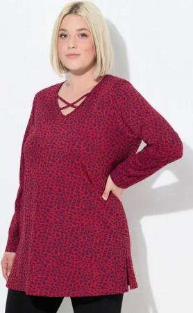 Ulla Popken Longshirt Longshirt Leomuster V-Ausschnitt Zierbänder