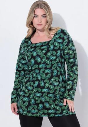 Ulla Popken Longshirt Longshirt Paisley A-Linie Carré-Ausschnitt Langarm