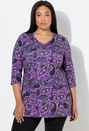 Ulla Popken Longshirt Longshirt Paisley A-Linie V-Ausschnitt 3/4Arm