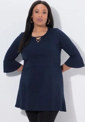 Ulla Popken Longshirt Longshirt Zierbänder A-Linie Tunika-Ausschnitt