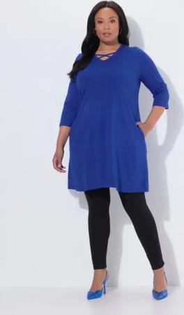 Ulla Popken Longshirt Longshirt Zierbänder A-Linie V-Ausschnitt 3/4-Arm