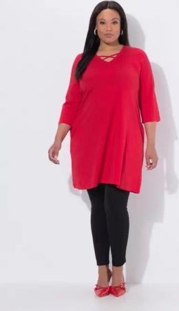Ulla Popken Longshirt Longshirt Zierbänder A-Linie V-Ausschnitt 3/4-Arm