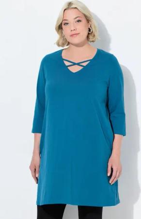 Ulla Popken Longshirt Longshirt Zierbänder A-Linie V-Ausschnitt 3/4-Arm