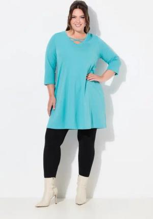 Ulla Popken Longshirt Longshirt Zierbänder A-Linie V-Ausschnitt 3/4-Arm