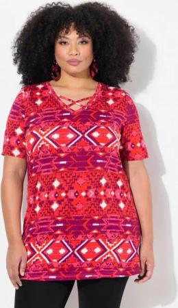 Ulla Popken Longshirt Longshirt Zierbänder A-Linie V-Ausschnitt Halbarm