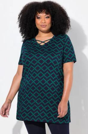 Ulla Popken Longshirt Longshirt Zierbänder A-Linie V-Ausschnitt Halbarm