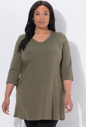 Ulla Popken Longshirt Longshirt Ziernähte A-Linie V-Ausschnitt 3/4-Arm