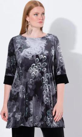 Ulla Popken Longshirt Samttunika bedruckt U-Boot-Ausschnitt 3/4-Arm