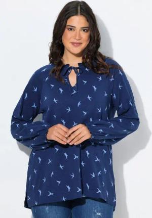 Ulla Popken Longshirt Shirt Schwalben A-Linie Rundhals Langarm Rüschen