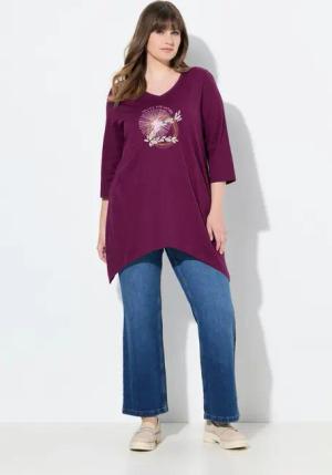 Ulla Popken Longshirt Shirt Stickerei V-Ausschnitt 3/4-Arm Biobaumwolle