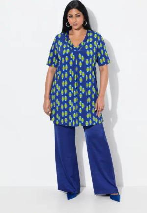 Ulla Popken Longshirt Slinky-Longshirt A-Linie V-Ausschnitt Halbarm