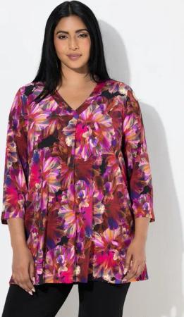 Ulla Popken Longshirt Slinky-Shirt Blüten A-Linie V-Ausschnitt 3/4-Arm