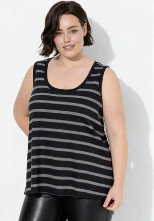 Ulla Popken Longshirt Top Ringel Rippjersey A-Linie Rundhals ärmellos