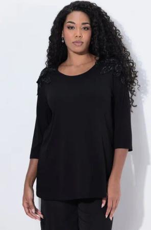 Ulla Popken Longsleeve Shirt Pailletten-Blüten A-Linie Rundhals 3/4-Arm