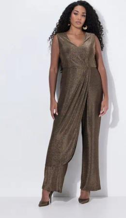 Ulla Popken Marlene-Hose Jumpsuit Glitter weites Bein V-Ausschnitt ärmellos