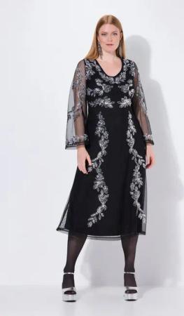 Ulla Popken Maxikleid Abendkleid Stickerei V-Ausschnitt Langarm