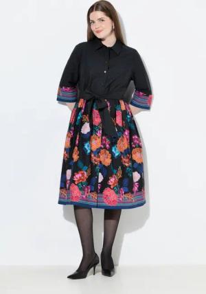 Ulla Popken Maxikleid Hemdblusenkleid Bindegürtel Hemdkragen 3/4-Arm