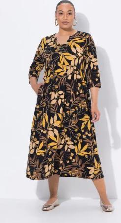 Ulla Popken Maxikleid Jersey-Maxikleid A-Linie Tunika-Ausschnitt 3/4-Arm