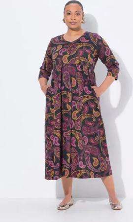 Ulla Popken Maxikleid Jersey-Maxikleid A-Linie V-Ausschnitt 3/4-Arm