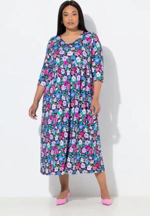 Ulla Popken Maxikleid Jersey-Maxikleid Blüten A-Linie V-Ausschnitt