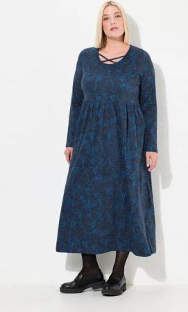 Ulla Popken Maxikleid Jersey-Midikleid A-Linie Zierbänder Rundhals