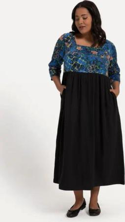 Ulla Popken Maxikleid Jerseykleid A-Line Empirenaht Taschen 3/4-Arm