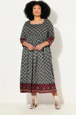 Ulla Popken Maxikleid Jerseykleid A-Linie Carree-Ausschnitt 3/4-Arm