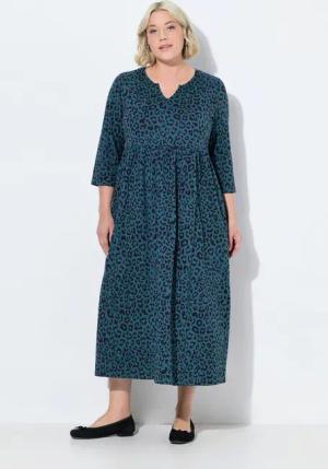 Ulla Popken Maxikleid Jerseykleid A-Linie Tunika-Ausschnitt 3/4-Arm