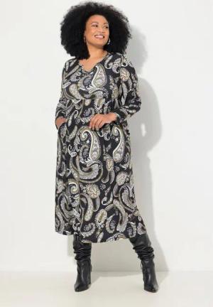 Ulla Popken Maxikleid Jerseykleid A-Linie Tunika-Ausschnitt Langarm