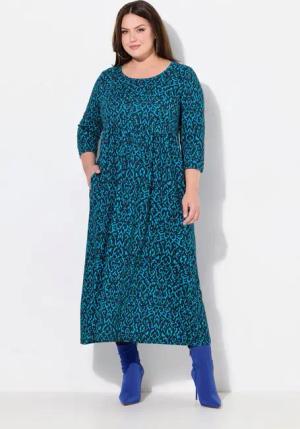 Ulla Popken Maxikleid Jerseykleid A-Linie V-Ausschnitt 3/4-Arm Taschen