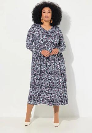 Ulla Popken Maxikleid Jerseykleid A-Linie V-Ausschnitt Langarm Taschen