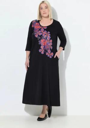 Ulla Popken Maxikleid Jerseykleid Blüten A-Linie Rundhals 3/4-Arm