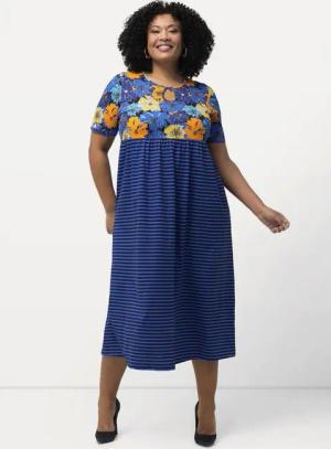 Ulla Popken Maxikleid Jerseykleid Blüten/Streifen A-Linie Rundhals