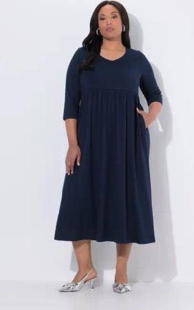 Ulla Popken Maxikleid Jerseykleid Empirenaht V-Ausschnitt 3/4-Arm