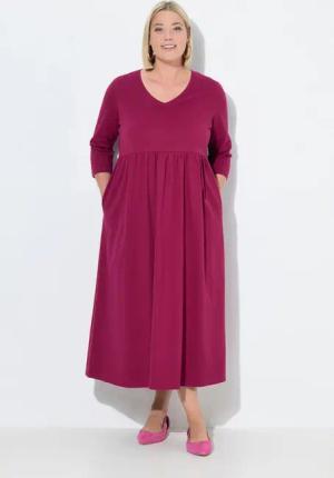 Ulla Popken Maxikleid Jerseykleid Empirenaht V-Ausschnitt 3/4-Arm