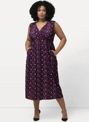 Ulla Popken Maxikleid Jerseykleid Punkte A-Linie V-Ausschnitt ärmellos