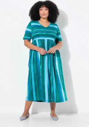 Ulla Popken Maxikleid Jerseykleid Streifenmix A-Linie V-Ausschnitt