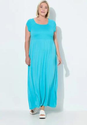 Ulla Popken Maxikleid Kleid A-Linie gesmokt Carré-Ausschnitt Halbarm