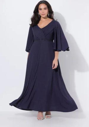 Ulla Popken Maxikleid Maxi-Abendkleid drapiert V-Ausschnitt