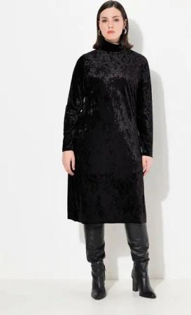 Ulla Popken Maxikleid Maxi-Samtkleid Slim Stehkragen Langarm