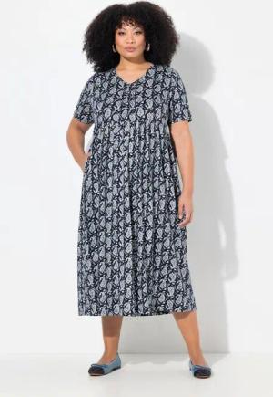 Ulla Popken Maxikleid Maxikleid A-Linie V-Ausschnitt Halbarm Taschen