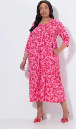 Ulla Popken Maxikleid Maxikleid Blüten A-Linie Rundhals 3/4-Arm Taschen