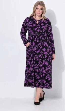 Ulla Popken Maxikleid Maxikleid Blüten A-Linie Rundhals Langarm Taschen