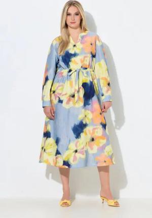 Ulla Popken Maxikleid Maxikleid Blüten A-Linie Tunika-Ausschnitt Langarm