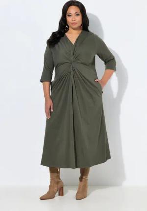 Ulla Popken Maxikleid Maxikleid drapiert A-Linie V-Ausschnitt 3/4-Arm