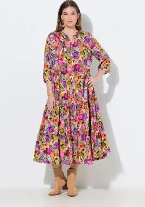 Ulla Popken Maxikleid Maxikleid Stehkragen V-Ausschnitt 3/4-Arm Knöpfe